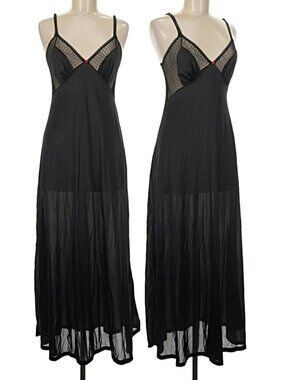 Vintage Velrose Nylon Slip Double Strap Sheer Bust Black Medium Maxi Full Length